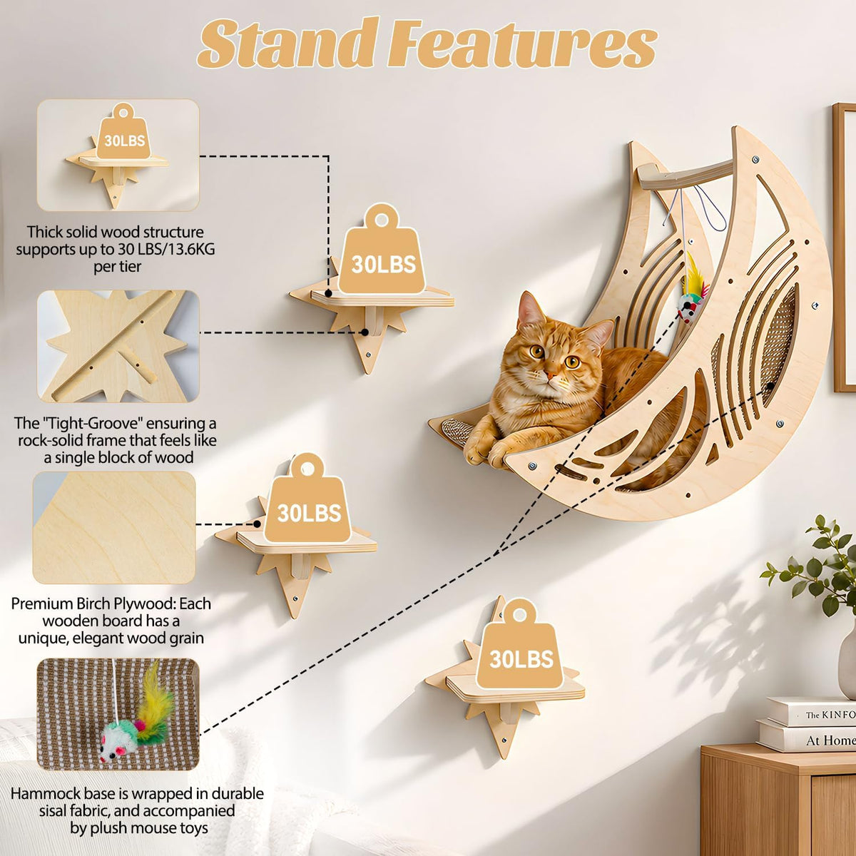 Moon & Star Cat Wall Shelves - Boho Wooden Indoor Cat Climbing Furniture