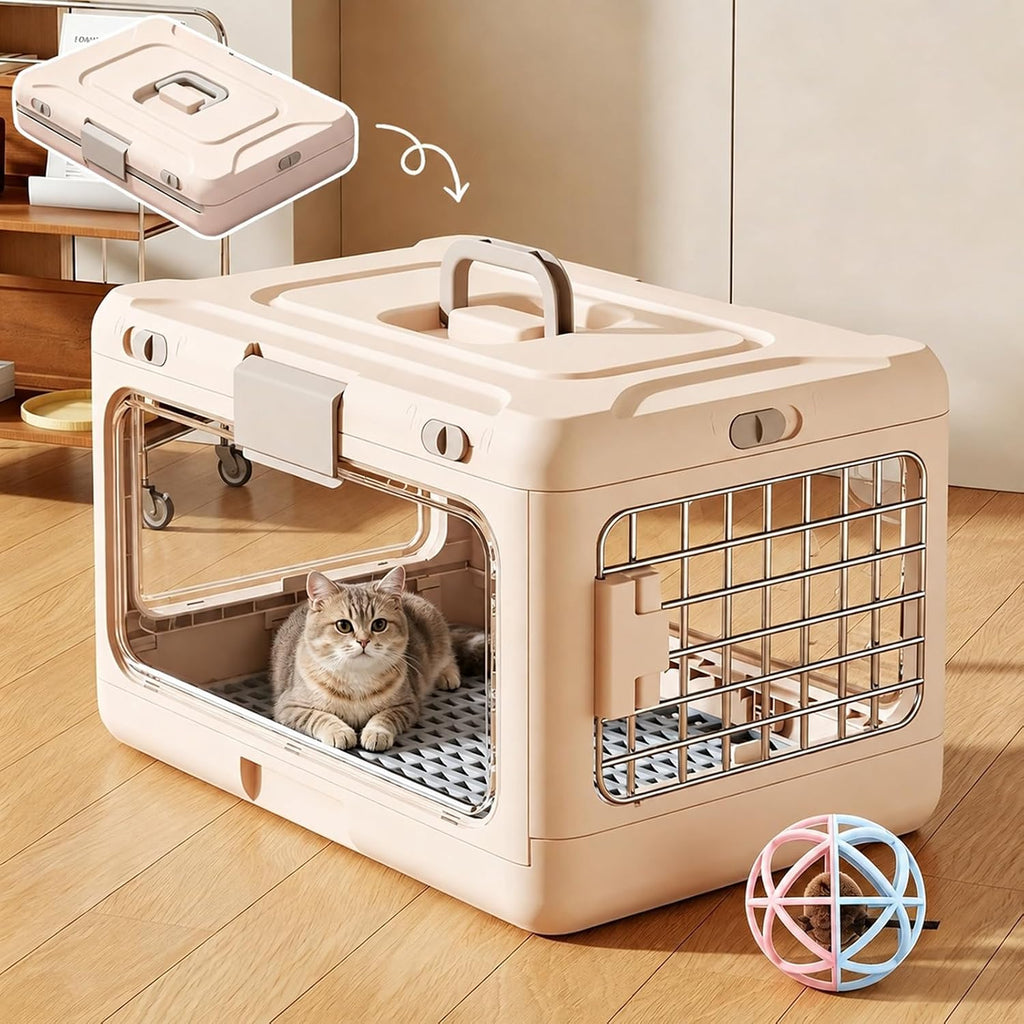 Hard Cat Carrier Foldable,Portable Dog Crate with Ventilation & Raised Separation Meshs Floor,Dog Travel Crate,Collapsib