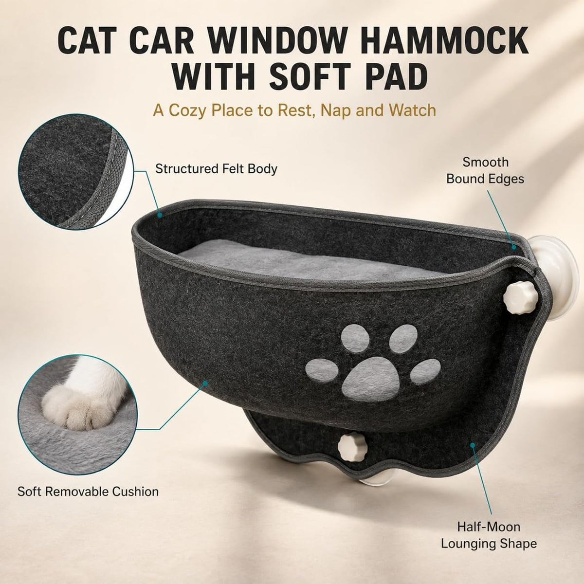 Cat Car Window Hammock with Soft Pad, Cat Car Window Seat，Gray：Small
