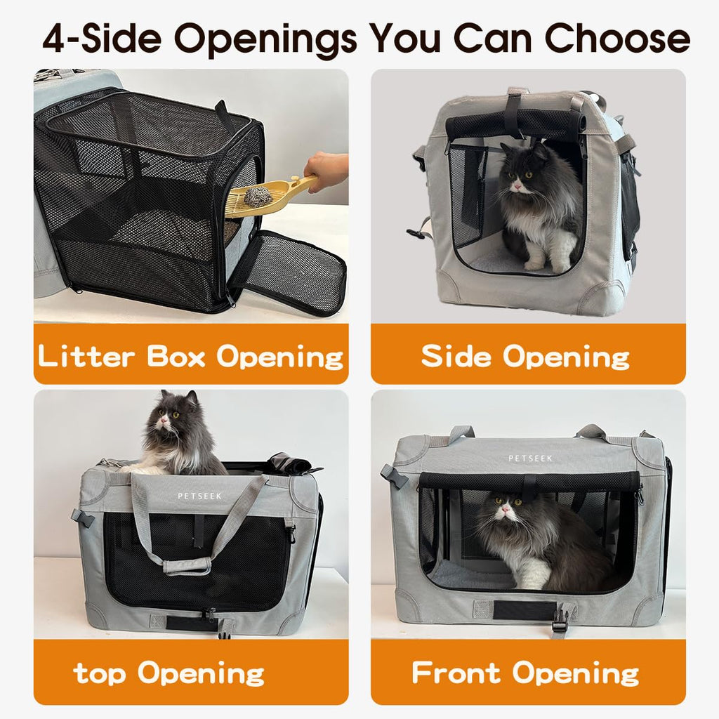 Petseek Extra Large Expandable Cat Carrier Soft Sided for Car, Portable Small Dog Carrier for 2 Cats, 24"x16.5"x16" Road Travel Folding Comfortable Design with Litter Box and Bowl