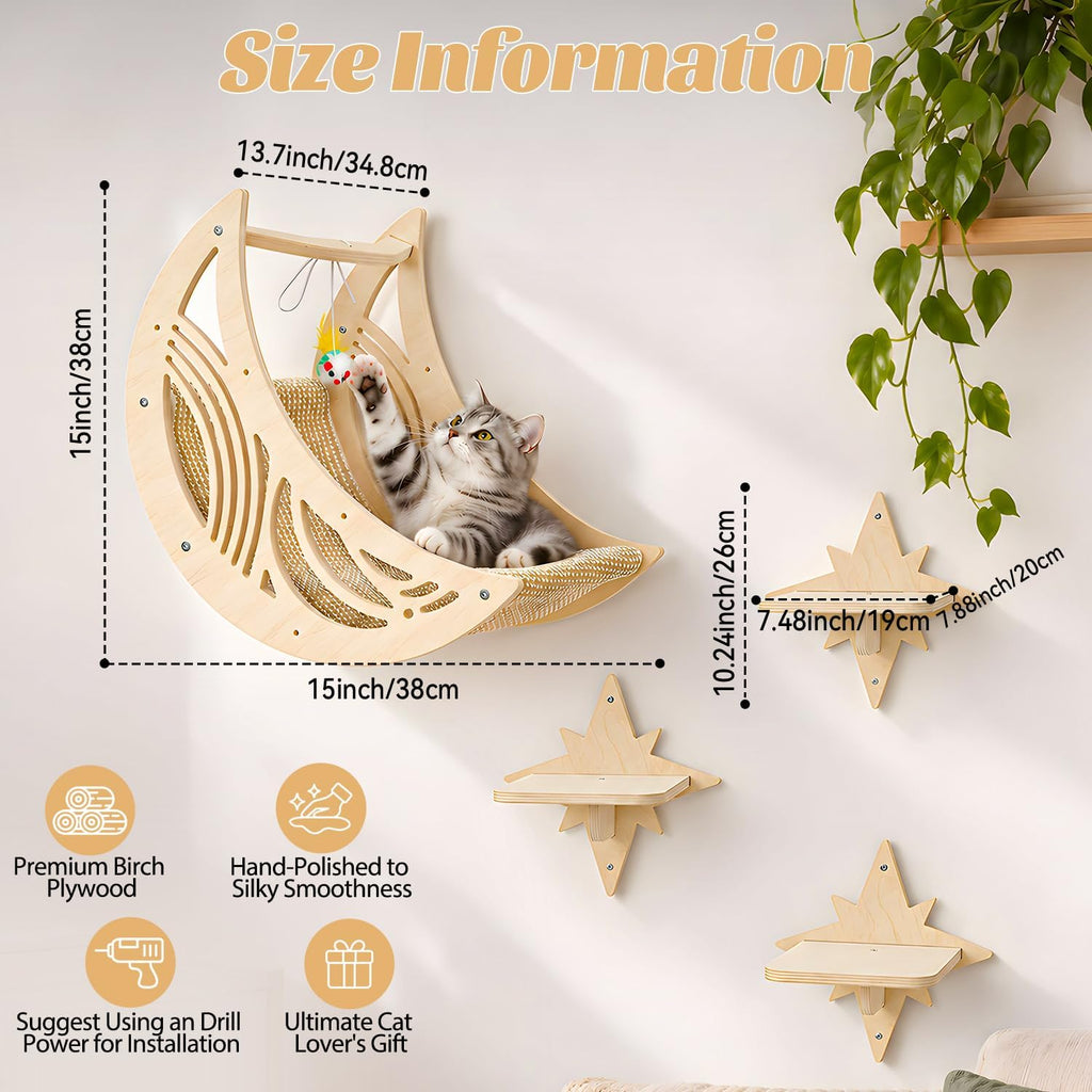 Moon & Star Cat Wall Shelves - Boho Wooden Indoor Cat Climbing Furniture