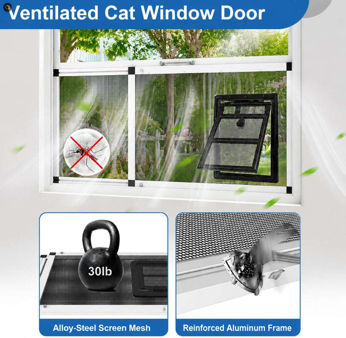 Bug-Proof Screen Cat Door for Window,Fits 30'' - 37'' Adjust Width Window