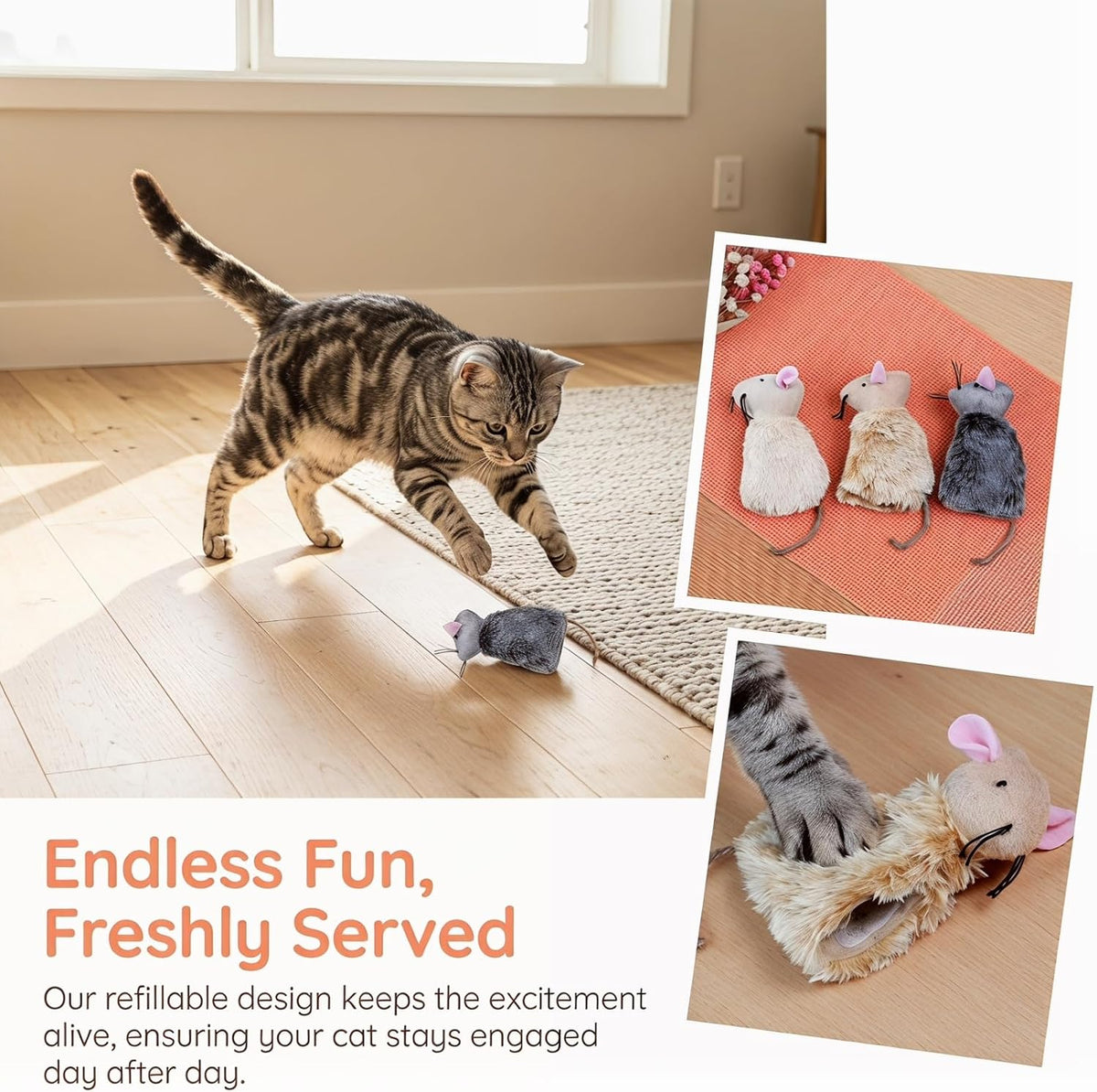 Ipetboom Refillable Catnip Toys for Cats - 3 Pack Interactive Cat Chew Toys for Indoor with Natural Long Fur and Jute Ta