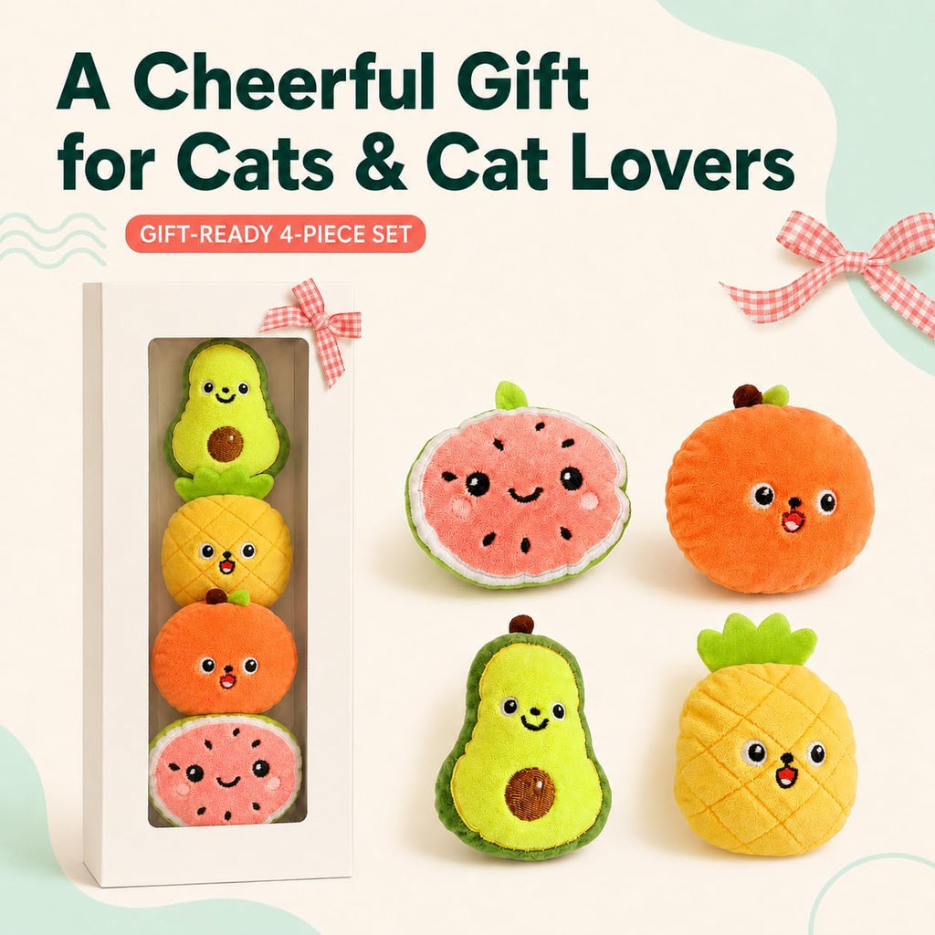 4-Pack Catnip Toys for Cats with Bells, Fruit-Shaped Soft Plush Interactive Set in Gift Box for Indoor Cats and Kittens,