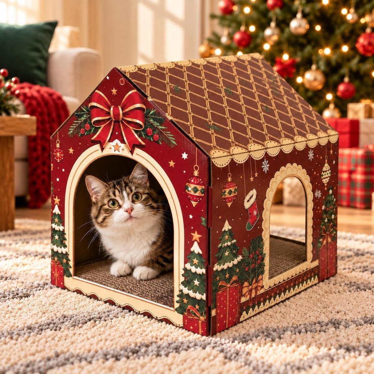 Christmas Cardboard Cat House: 2 Entrances, 2 Windows, Reversible Scratcher