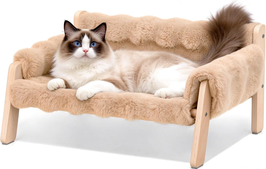 Elevated Cat Couch Bed for Indoor Cats - Wooden Cat Sofa with Removable Washable Cover, Cat Bed Furniture Raised Lounge 