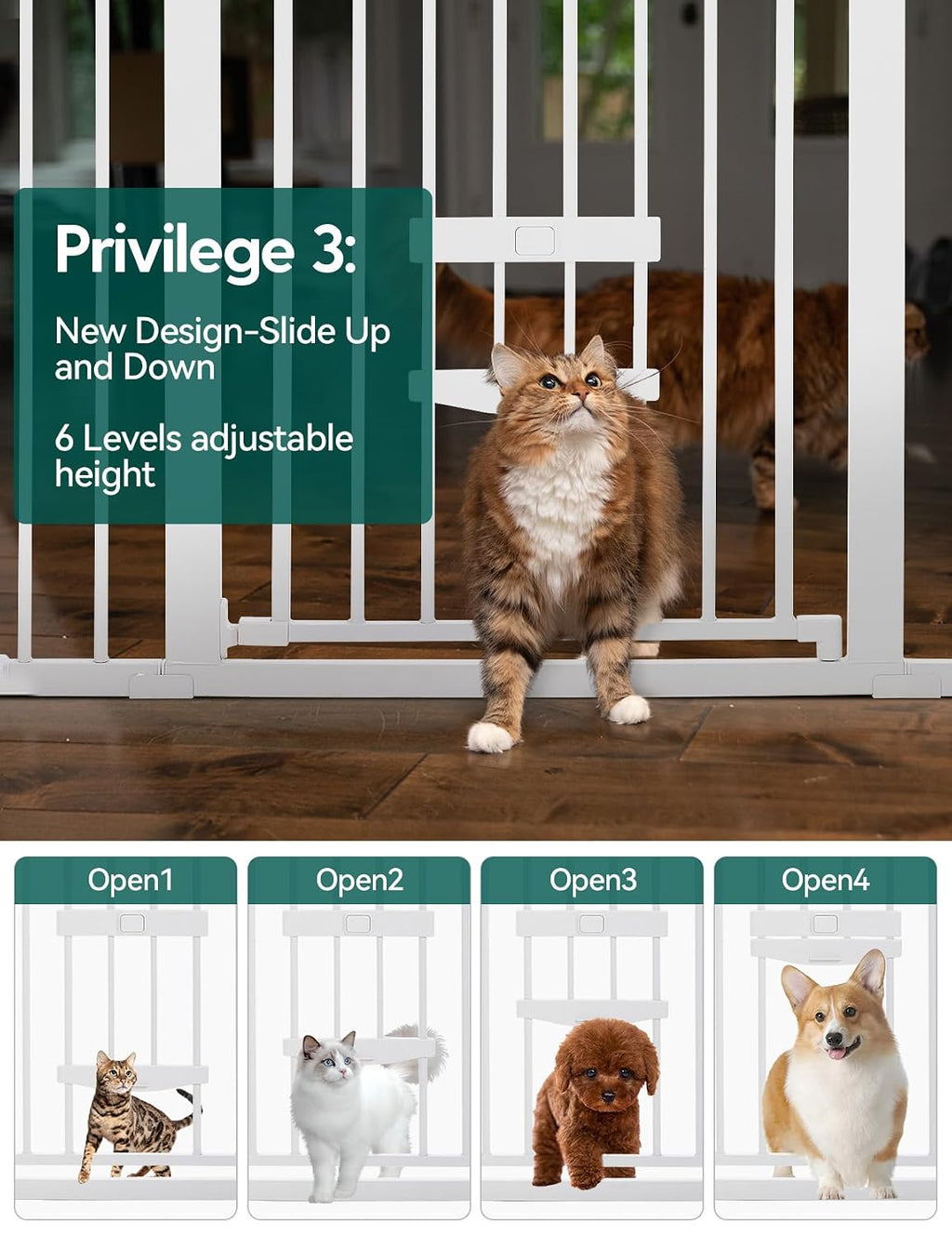 Babelio 36" Tall Pet Gate with Cat Door, CatPrivilege II, 29-40", White