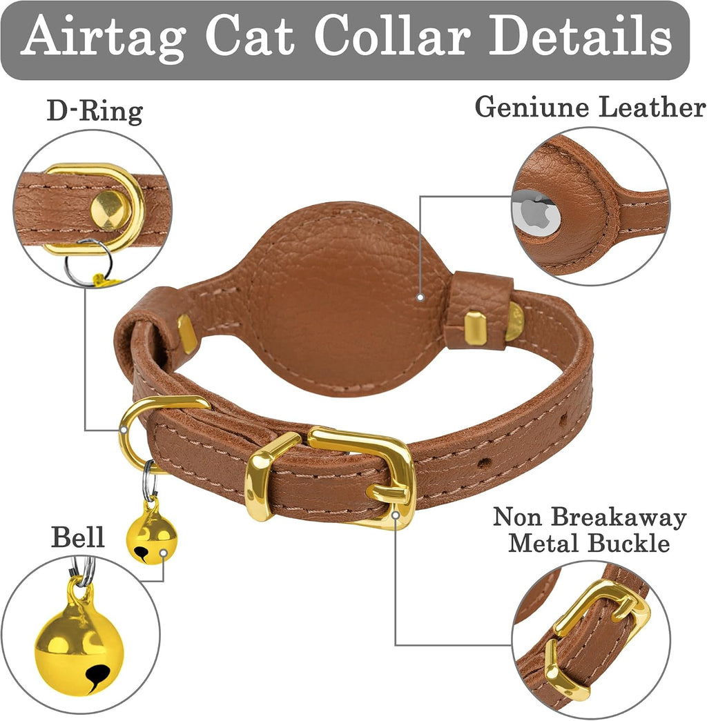 OOPSDOGGY Leather AirTag Cat Collar with Bell - Non Breakaway Kitten Collar with Apple Air Tag Holder - Lightweight GPS 