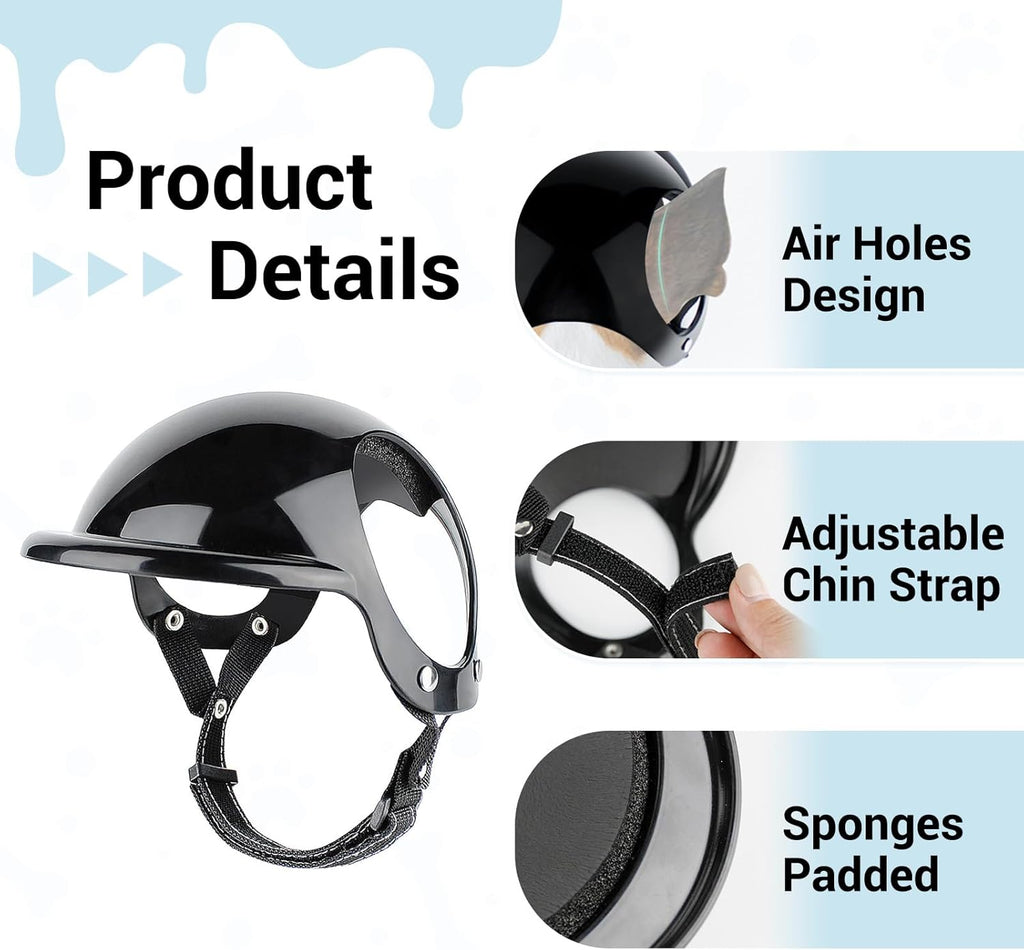 Dog Helmet and Goggles for Small Dogs - Pet Goggles Pet Motorcycle Helmet Hat with Ear Holes Adjustable Straps Safety He
