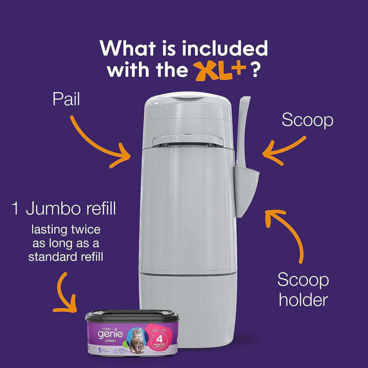 Litter Genie XL+ Pail with 24 ft Jumbo Refill, Ideal for Multi-Cat Homes