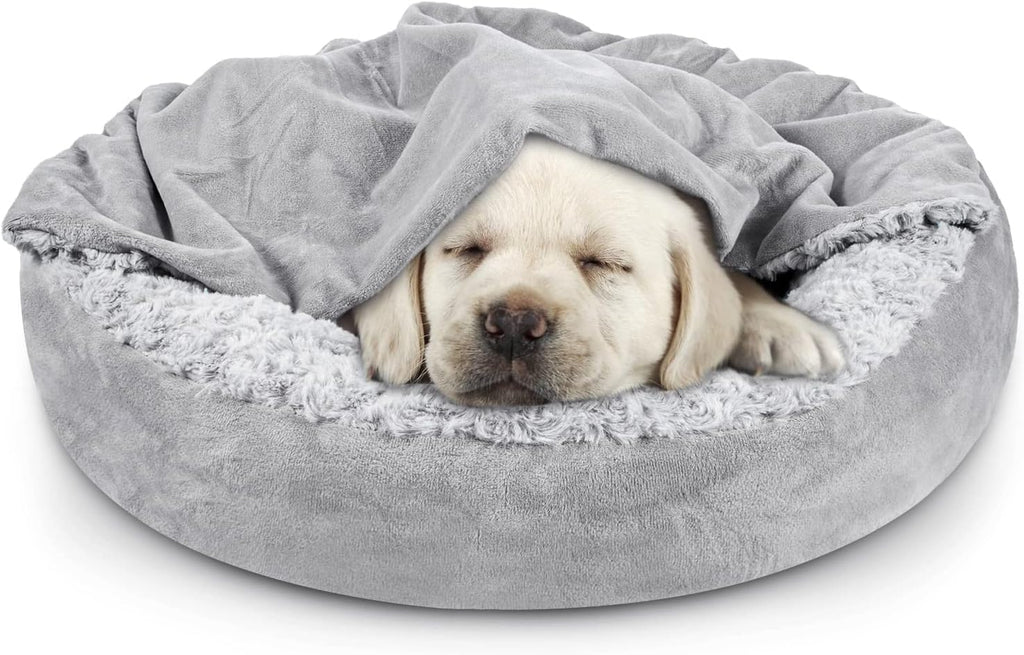 JOEJOY Small Dog Bed Cat Bed with Hooded Blanket, Cozy Cuddler Luxury Puppy Pet Bed, Donut Round Calming Anti-Anxiety Do