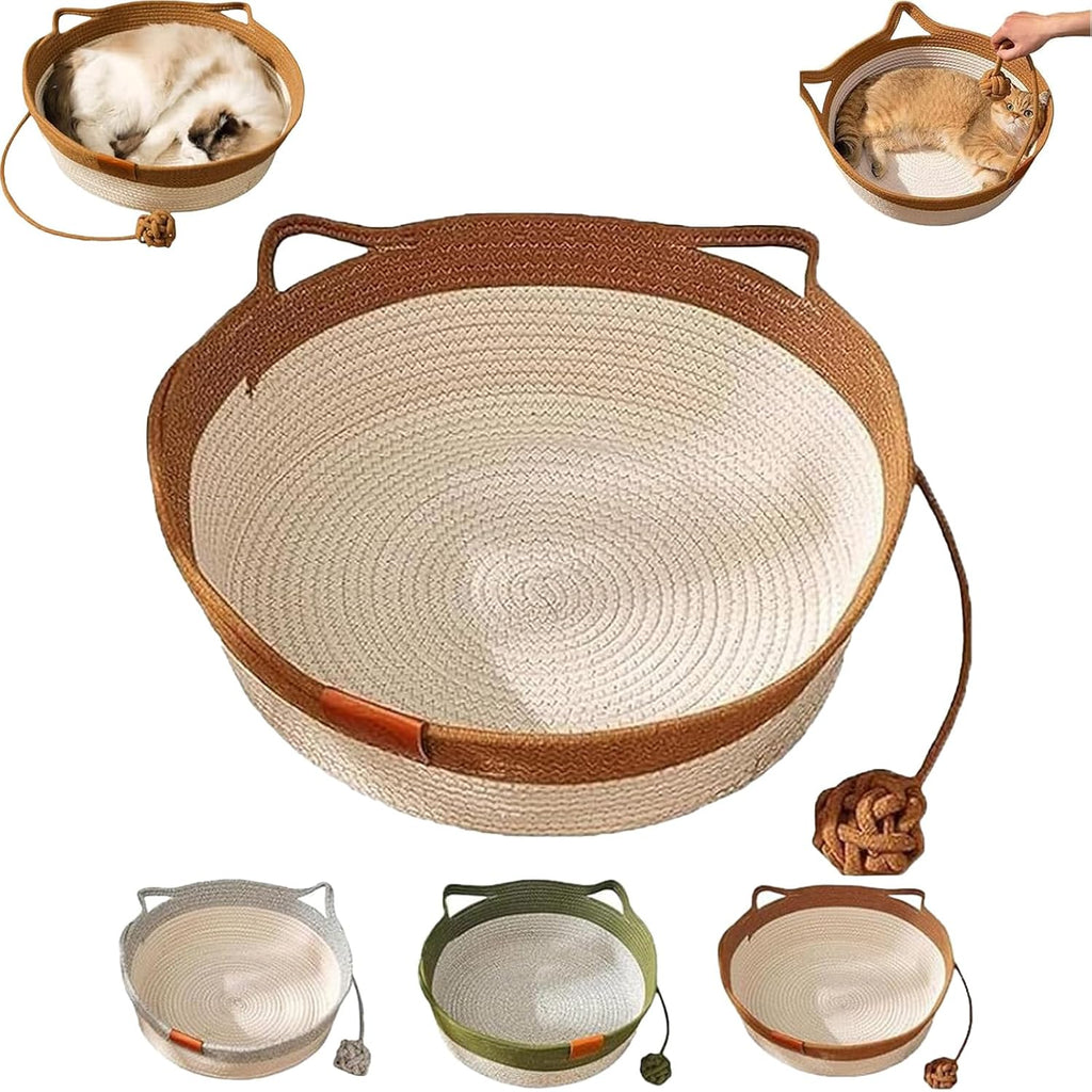 Hand-Woven cat Bed Basket with a Hanging Ball for Better Breathability (Caramel, Large)