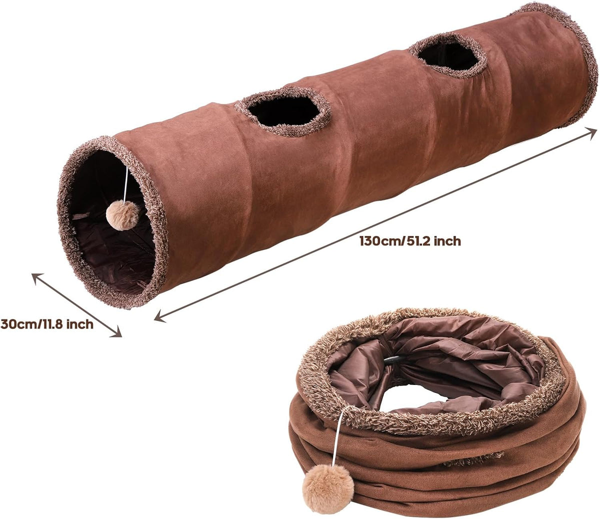 51"x 12" Collasiple Cat Play Tunnel, Cats Tubes and Tunnels, Cat Foldable Hide and Seek Tunnel Toy, Brown Suede Pet Tube