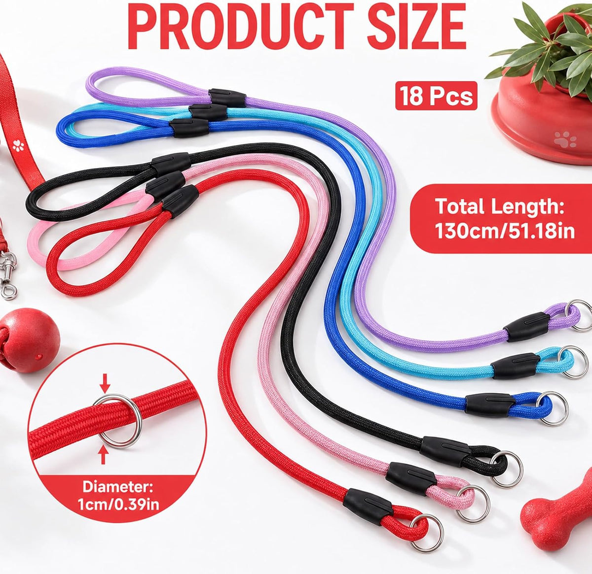 18 Pack Slip Lead Dog Leash for Large Dogs No Pull Training 6 Colors