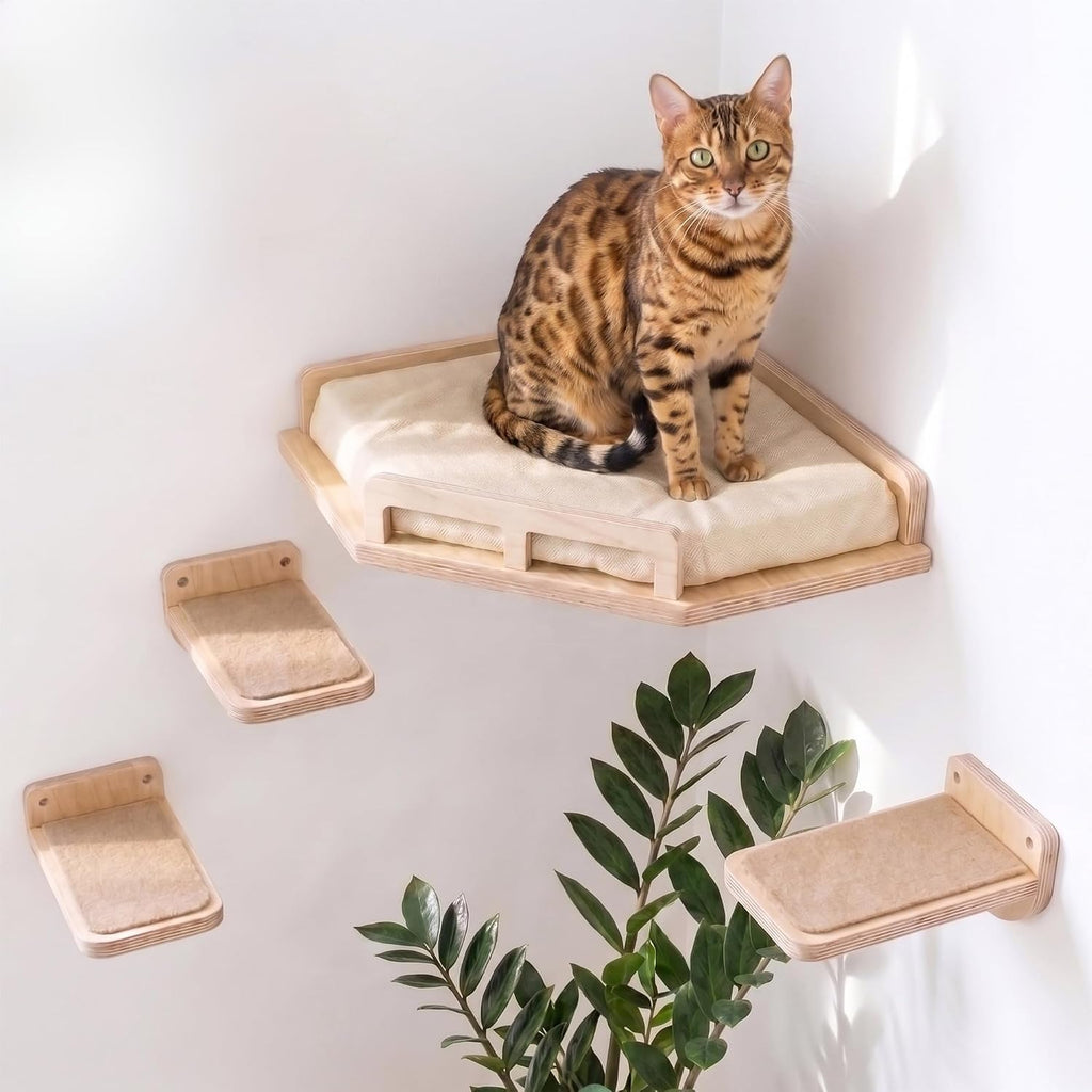 INICIO Cat Wall Shelves and Steps, 4-Piece Wooden Cat Wall Furniture Set