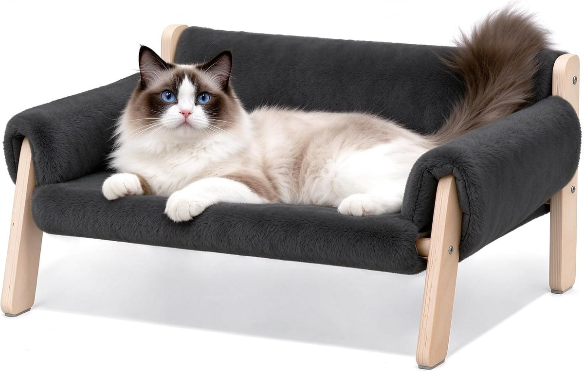 Elevated Cat Couch Bed for Indoor Cats - Wooden Cat Sofa with Removable Washable Cover, Cat Bed Furniture Raised Lounge 