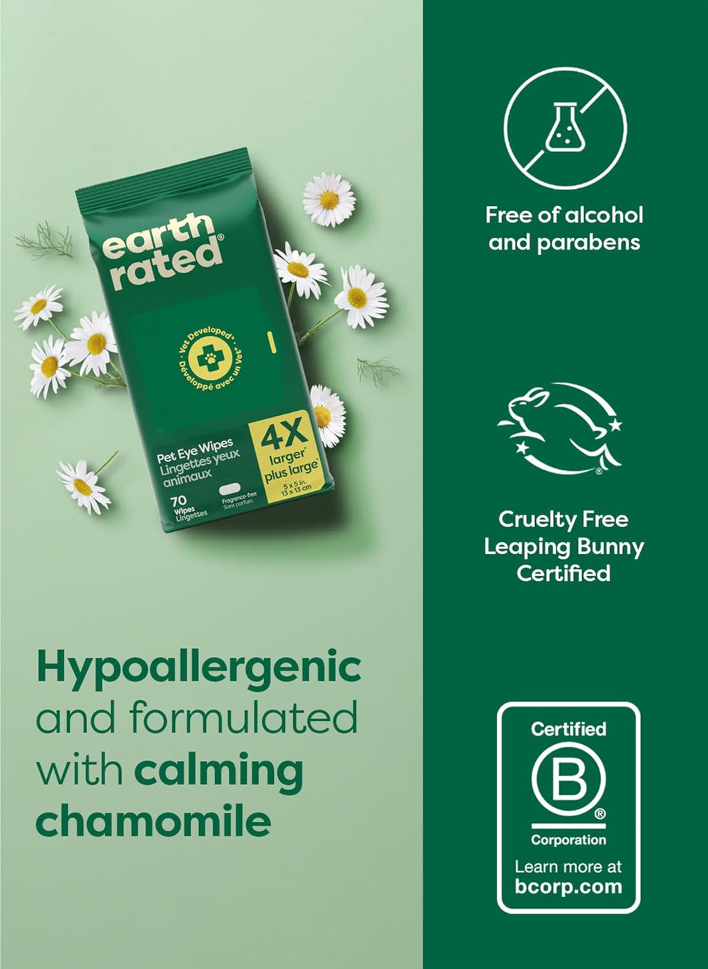 Earth Rated Dog Eye Wipes, Vet Developed, Unscented, Removes Dirt, 70ct