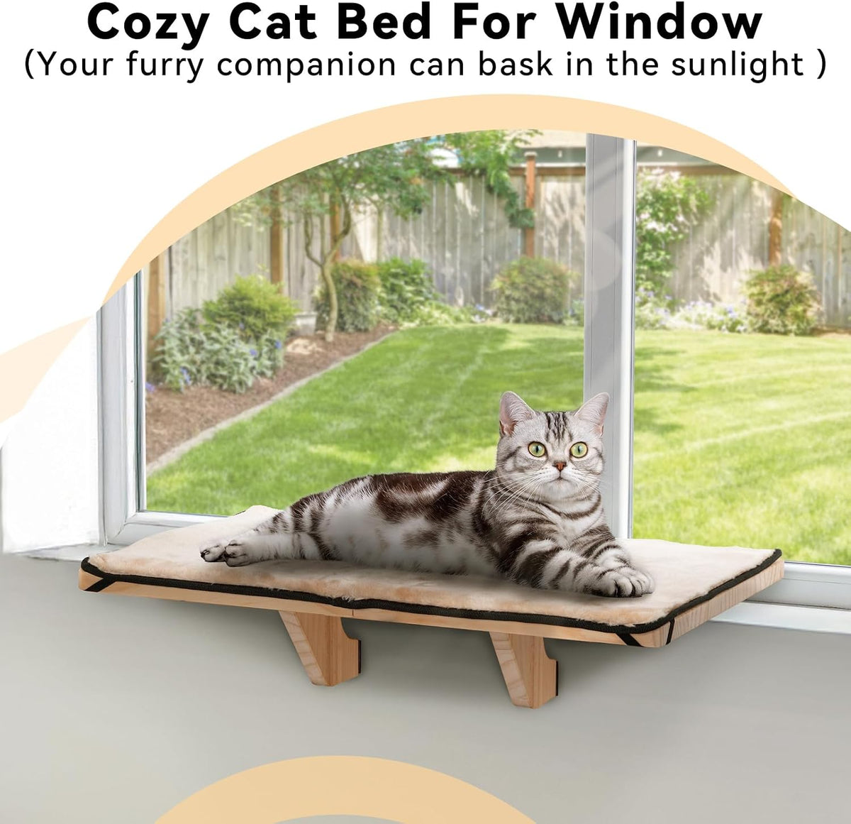 PETSFIT Cat Window Perch for 2 Cats, Adjustable, Solid Wood, Removable Mat