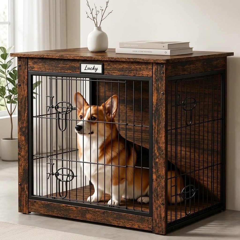 Furniture Style Dog Crate End Table for Small Medium Dogs, 28" Wooden Indoor Dog Kennel with Reversible Side Door & Doub