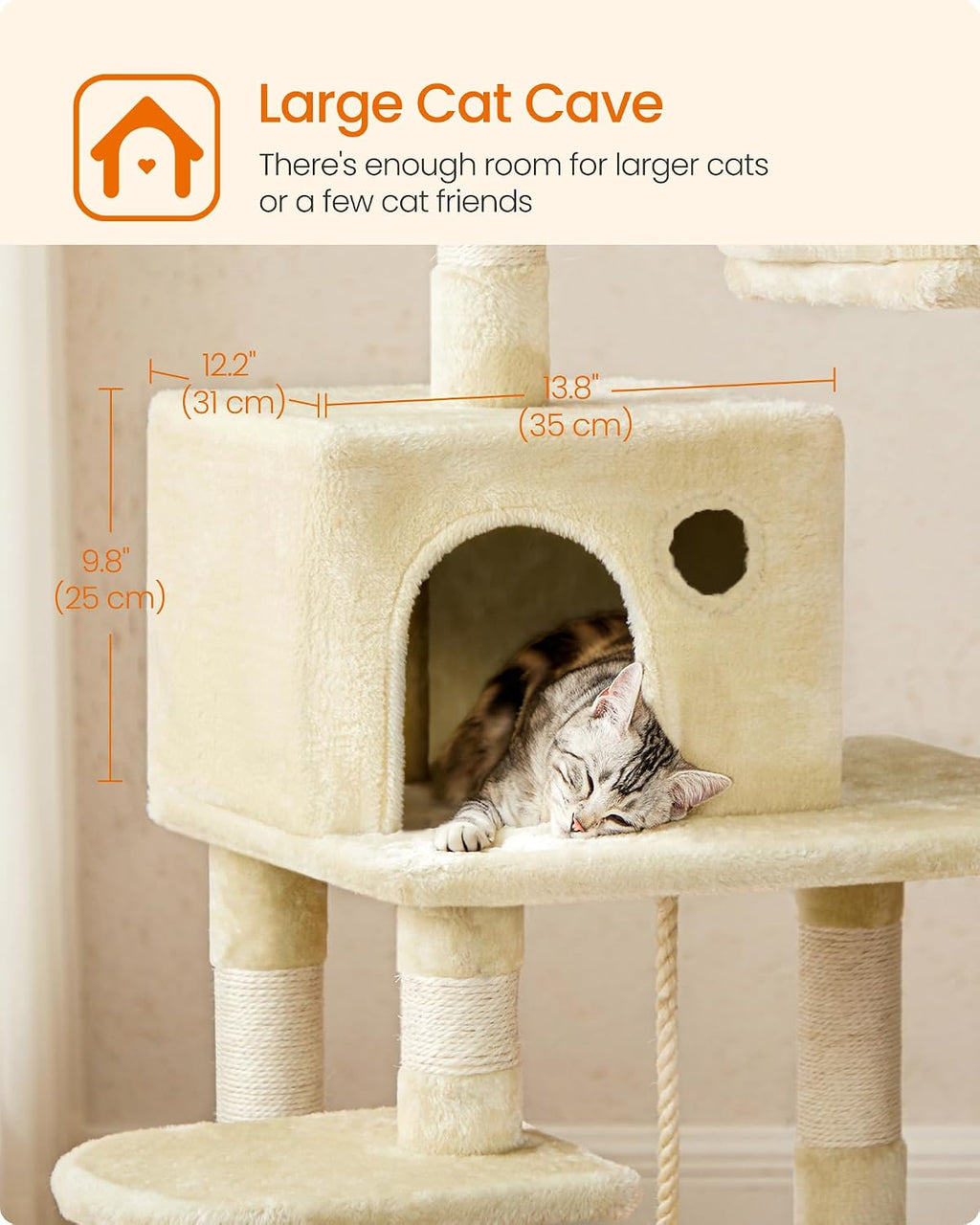 Feandrea Cat Tree, 55.8-Inch Large Cat Tower, Multi-Level Condo, Beige