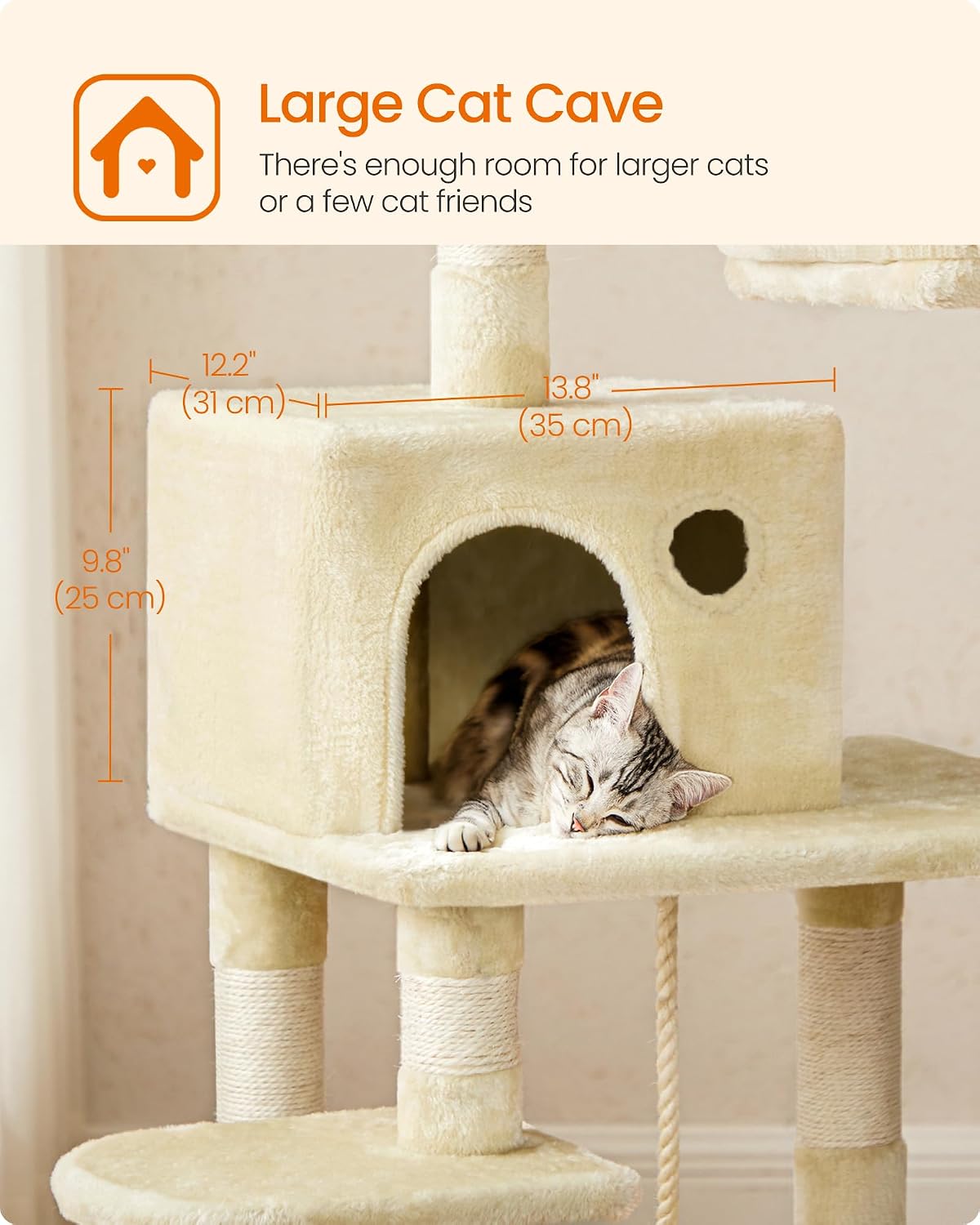 Feandrea Cat Tree, 55.8-Inch Large Cat Tower, Multi-Level Condo, Beige