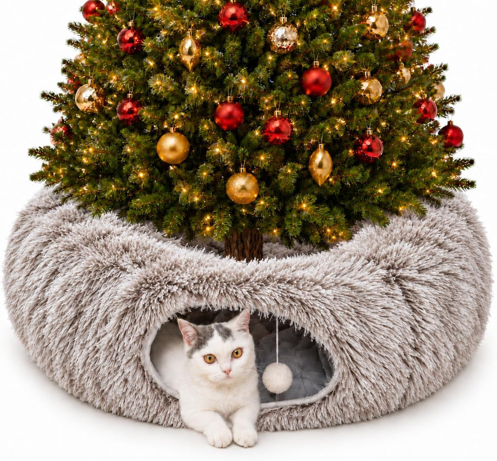 Fluffy Cat Tunnel Bed Under Christmas Tree, Plush Warm White