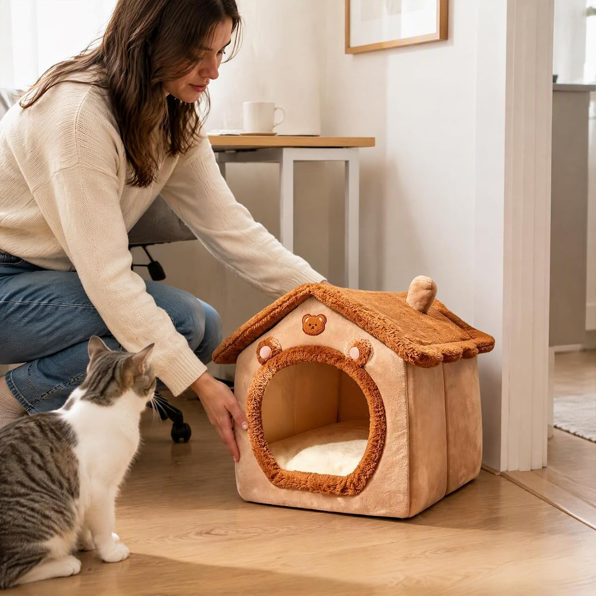 Cute Bear‑Shape Enclosed Pet Cave Bed, Soft Plush Tent House with Cushion