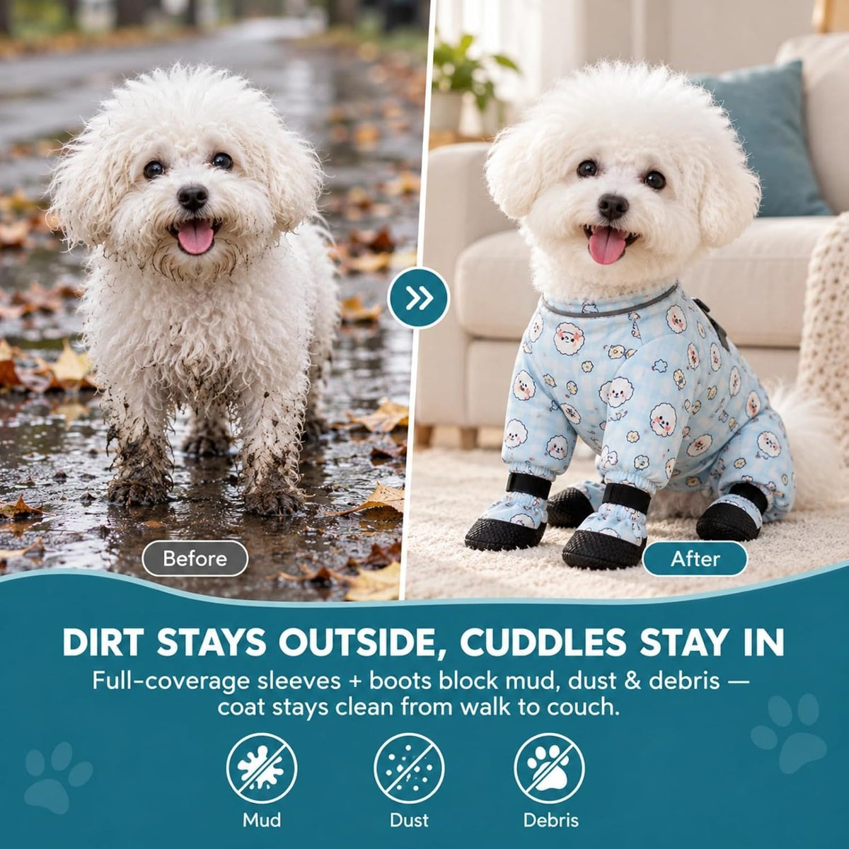 Dog Bodysuit with Shoes Dirtproof Onesie Anti-Slip Paw Protection (Blue,Medium)