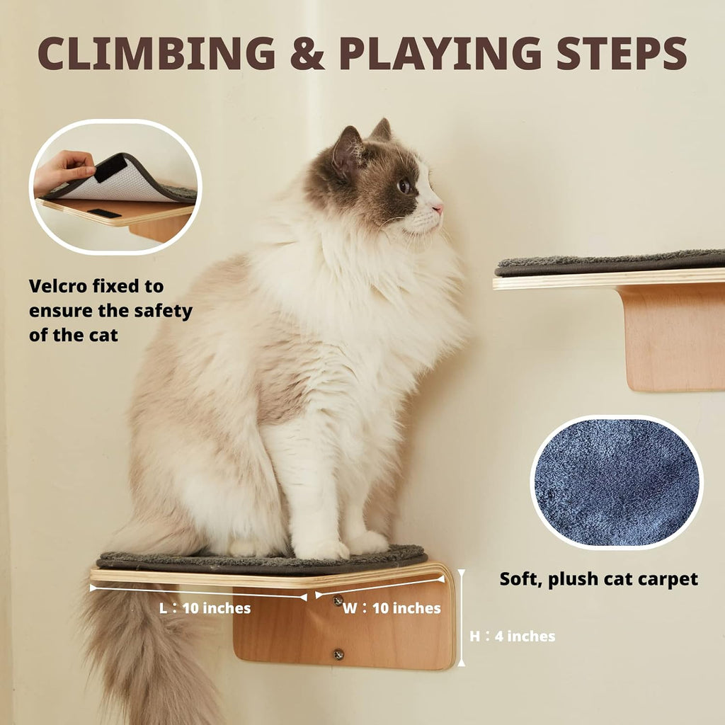 2 Set Cat Wall Steps - Wooden Cat Climbing Shelf for Wall - Cats Wall Stairs with Scratching Mat - Wall Mounted Cats Fur