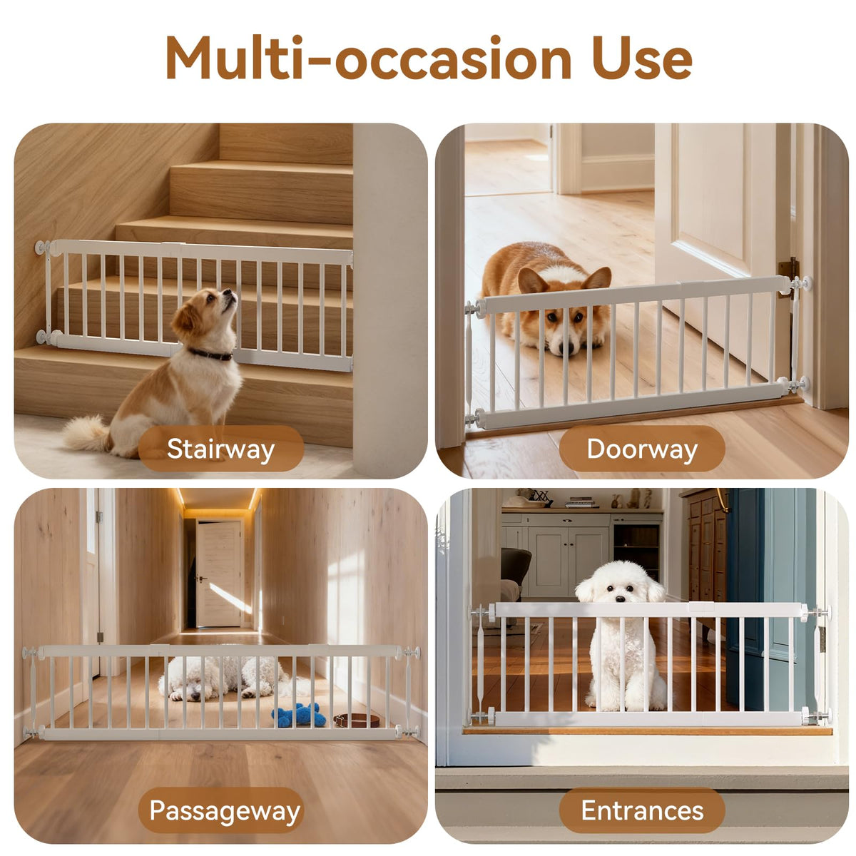 Fldofaves Dog Gate - 18"-45" Adjustable Extra Wide Metal Baby Gate to Step Over, 10" Tall Small Pet Gate with 3 Extension Kits, Pressure Mounted for Doorways & Stairs