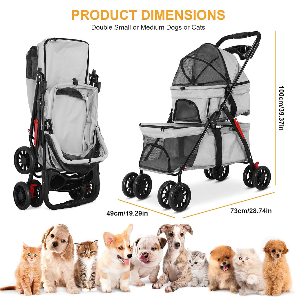 Double Pet Stroller for Cats and Dogs, 2-in-1 Lightweight Foldable Travel Cart with Cup Holder and Foot Brake, Double Do
