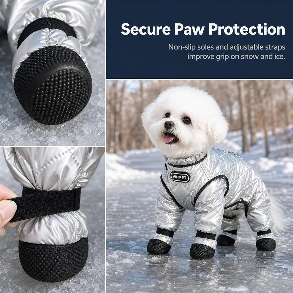 Dog Winter Suit with Boots, Full Coverage Dog Snowsuit，Silver：Large