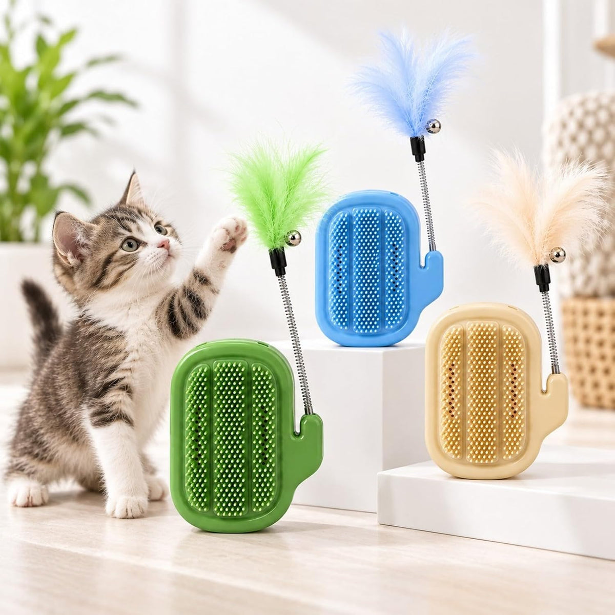 Cat 3/2-in-1 Cat Arch Self Groomer with Feather Wand，Blue