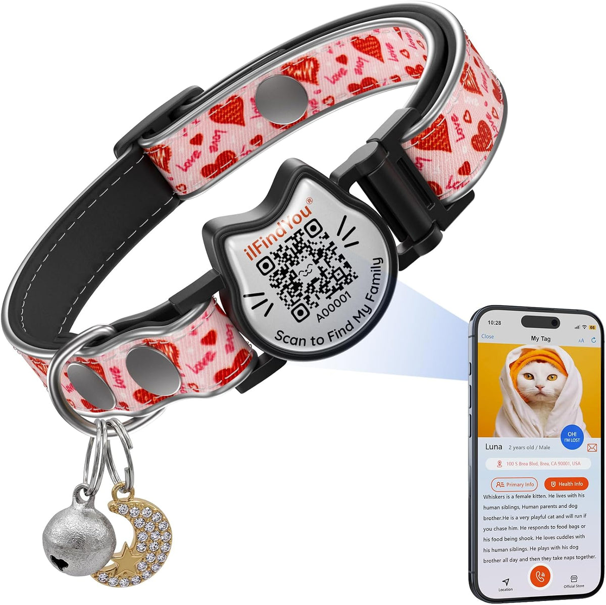 Cat Collar Breakaway QR Code, Reflective cat Collar with Bells, Pink