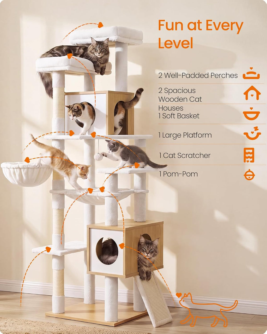Feandrea Tall Cat Tree, 8-Tier Wood Tower with 2 Condos, Scratching Post