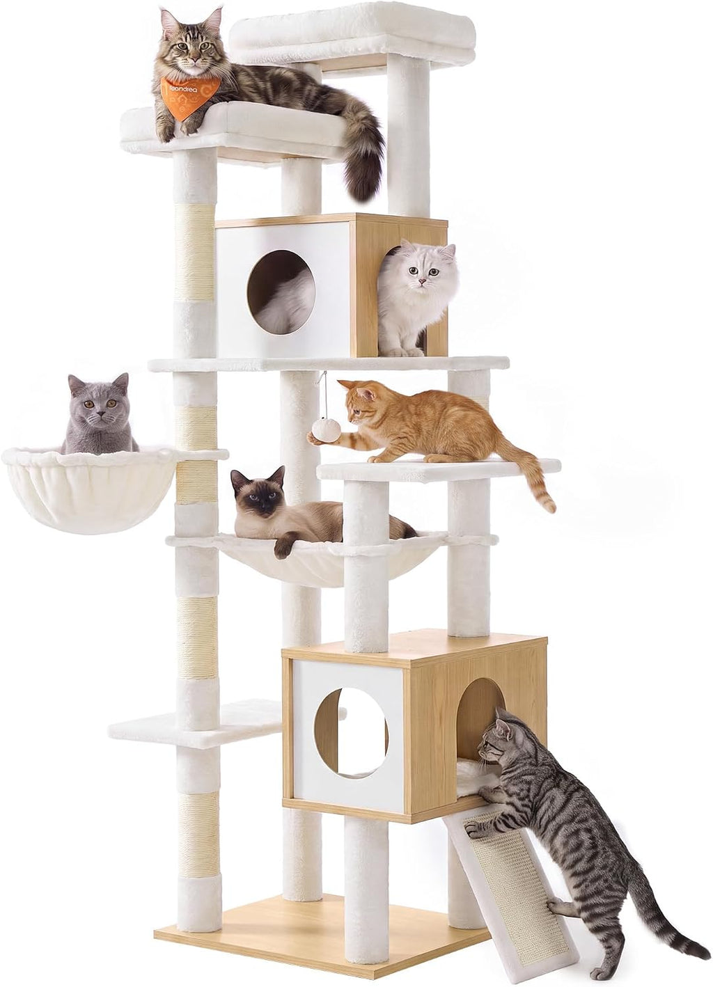 Feandrea Tall Cat Tree, 8-Tier Wood Tower with 2 Condos, Scratching Post
