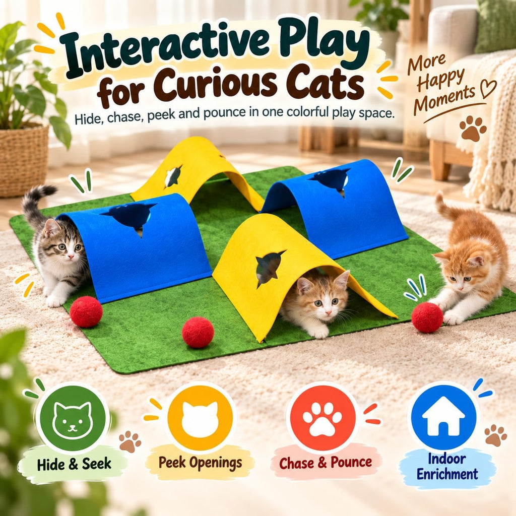 35.4" 4-Way Cat Tunnel for Indoor Cats, Colorful Felt Mat with Hidden Ball