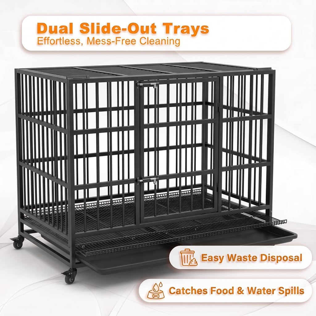 KOKOTANGS 48 Inch Heavy Duty Dog Crate Cage with Wheels, Indestructible and Escape Proof Steel Kennel Indoor for High An