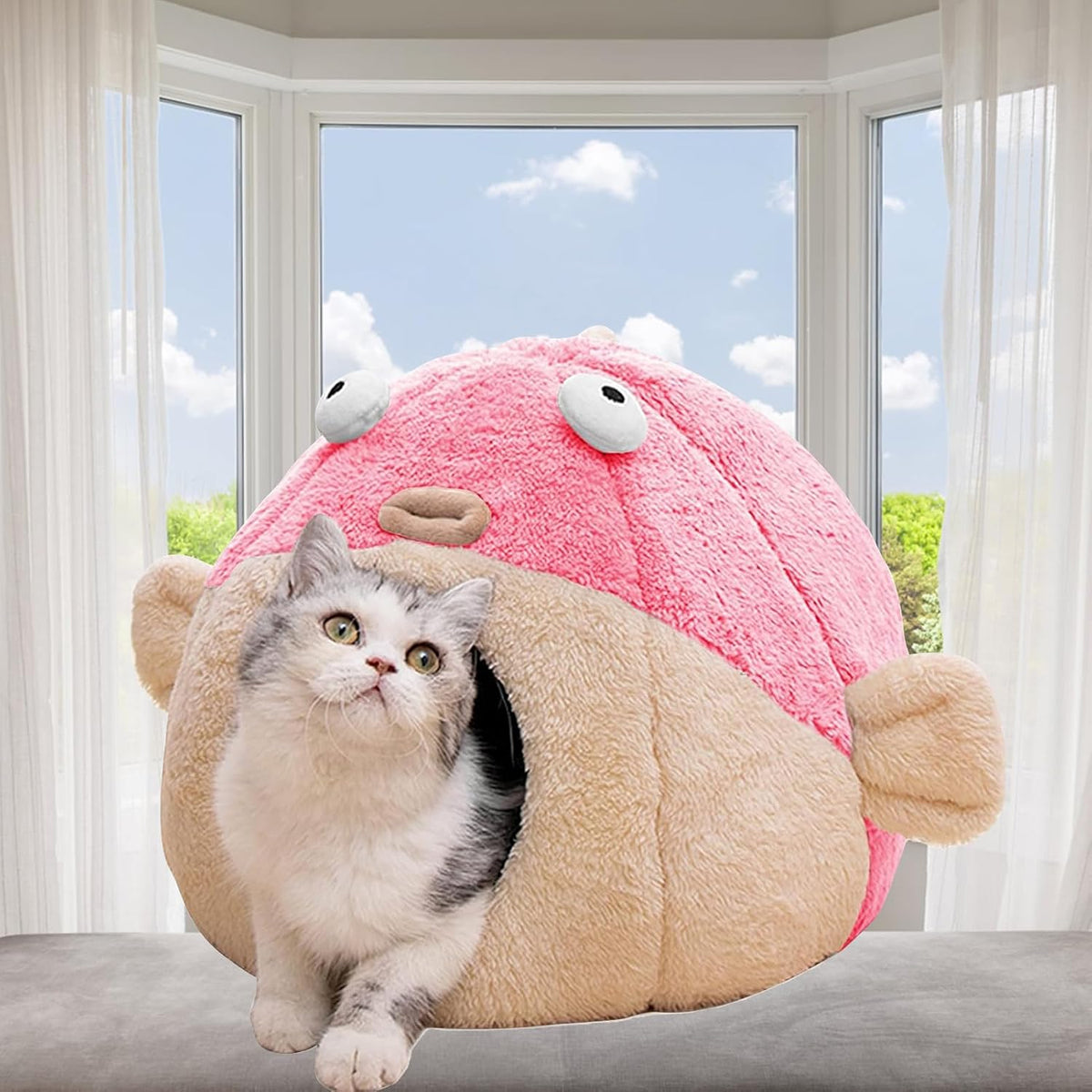 Cat Beds for Indoor Cats-Cat Bed Cave,Cute Lively Pufferfish shape,Grey L