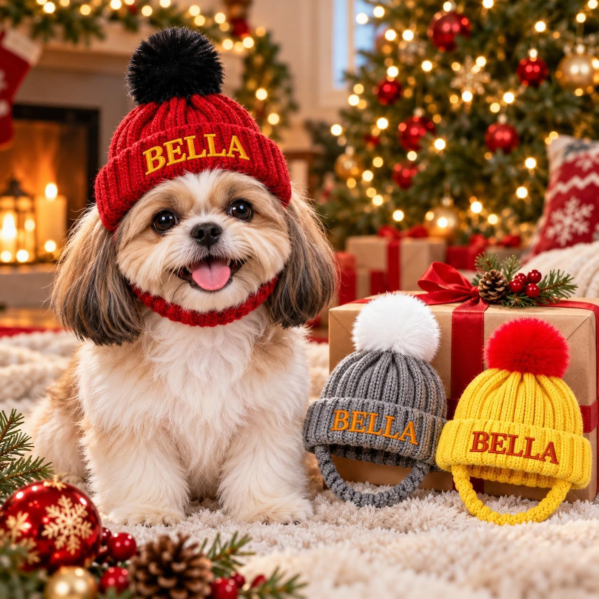Personalized Dog Winter Hat with Ear Holes Pet Beanie with Embroidered Name