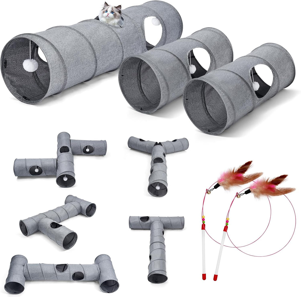 Cat Tunnel, 3 Straight Shaped Tunnels 6 DIY Shapes with Wand Toys, No Noise Scratch Resistant Cool Linen Fabric, Interac