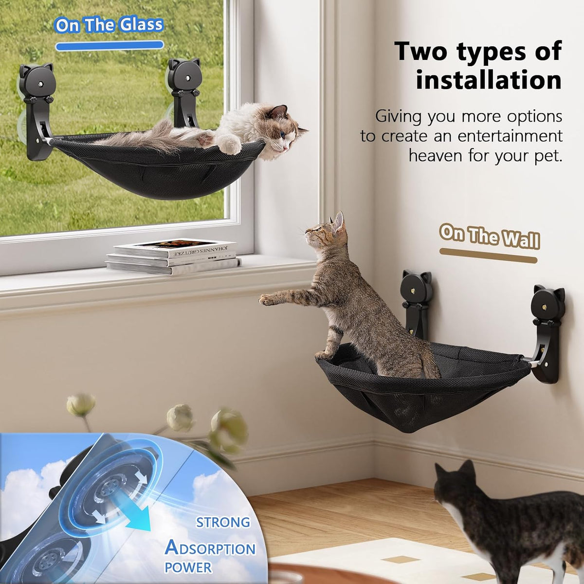 Cat Window Perch Cordless, Foldable & Stable Cat Beds- Breathable Cat Window Hammock for Overlooking, Sunbathing and Cli