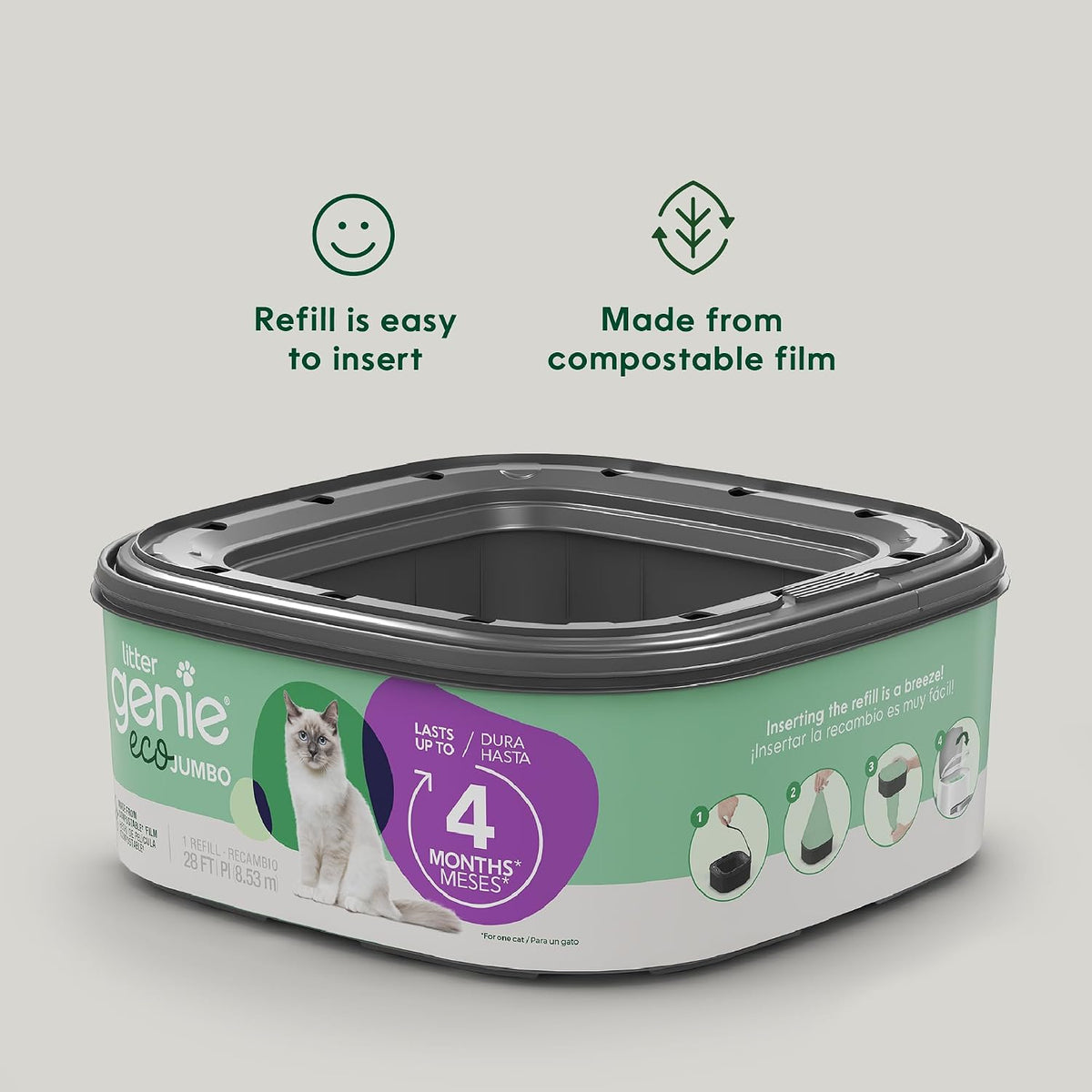 Litter Genie Eco Refills | Compostable Cat Litter Bags Jumbo 2-pack | Up to 4 Months of Supply in 1 Cartridge