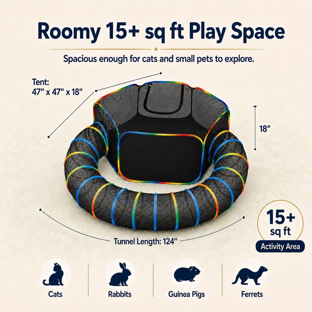 Portable Cat Enclosure with Tent & Tunnel, Rainbow Color