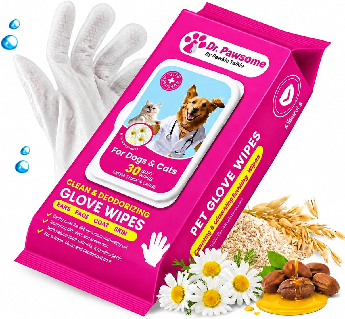 Pawkie Talkie Pet Wipes, For Dogs & Cats, Chamomile Scent, 20 Ct