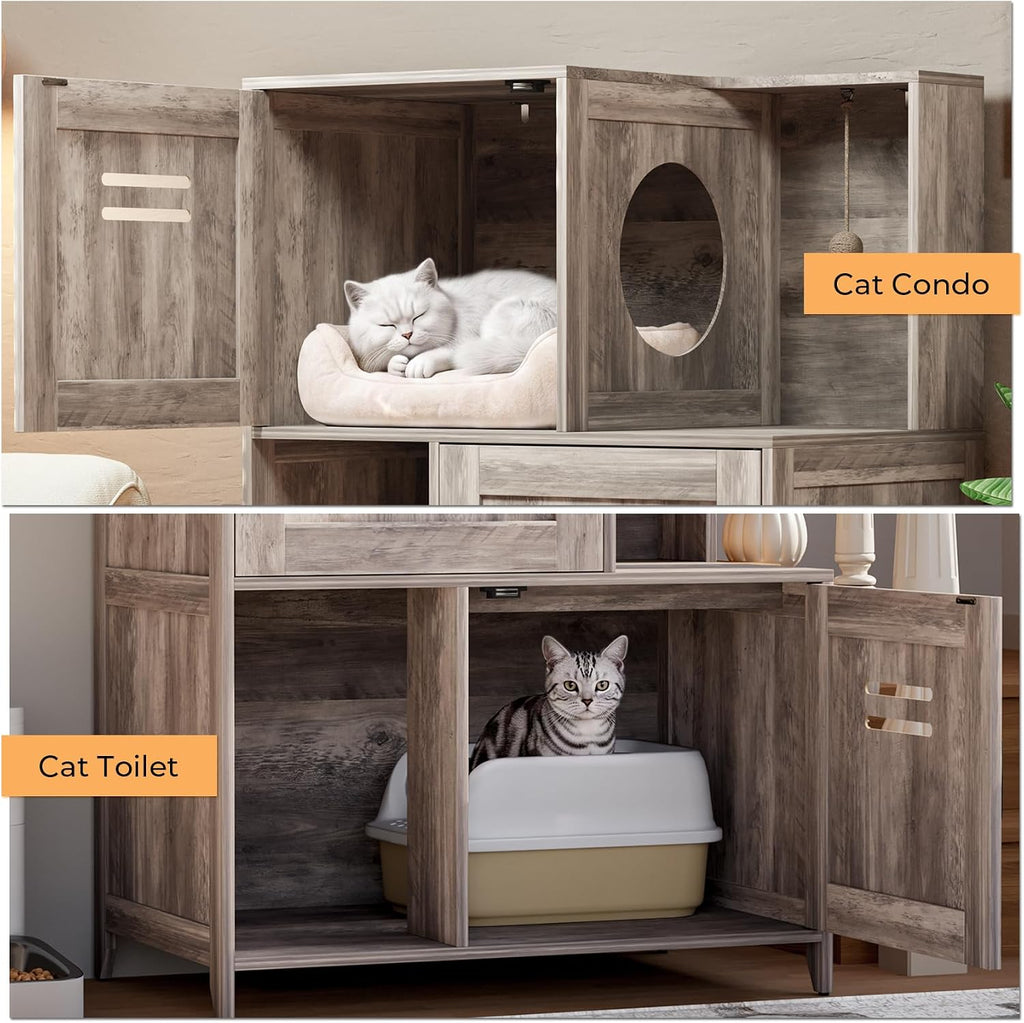 Wooden Cat Litter Box Enclosure Furniture, Double‑Tier Hidden Cat Litter Cabinet with Sisal Hanging Ball & Ventilation H