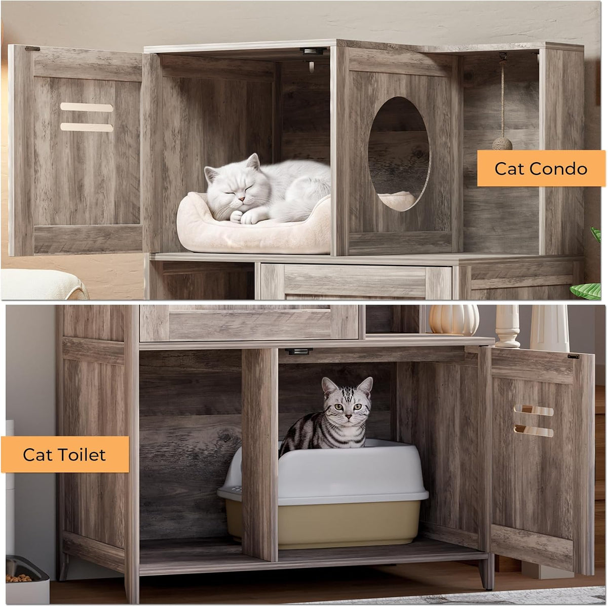 Wooden Cat Litter Box Enclosure Furniture, Double‑Tier Hidden Cat Litter Cabinet with Sisal Hanging Ball & Ventilation H