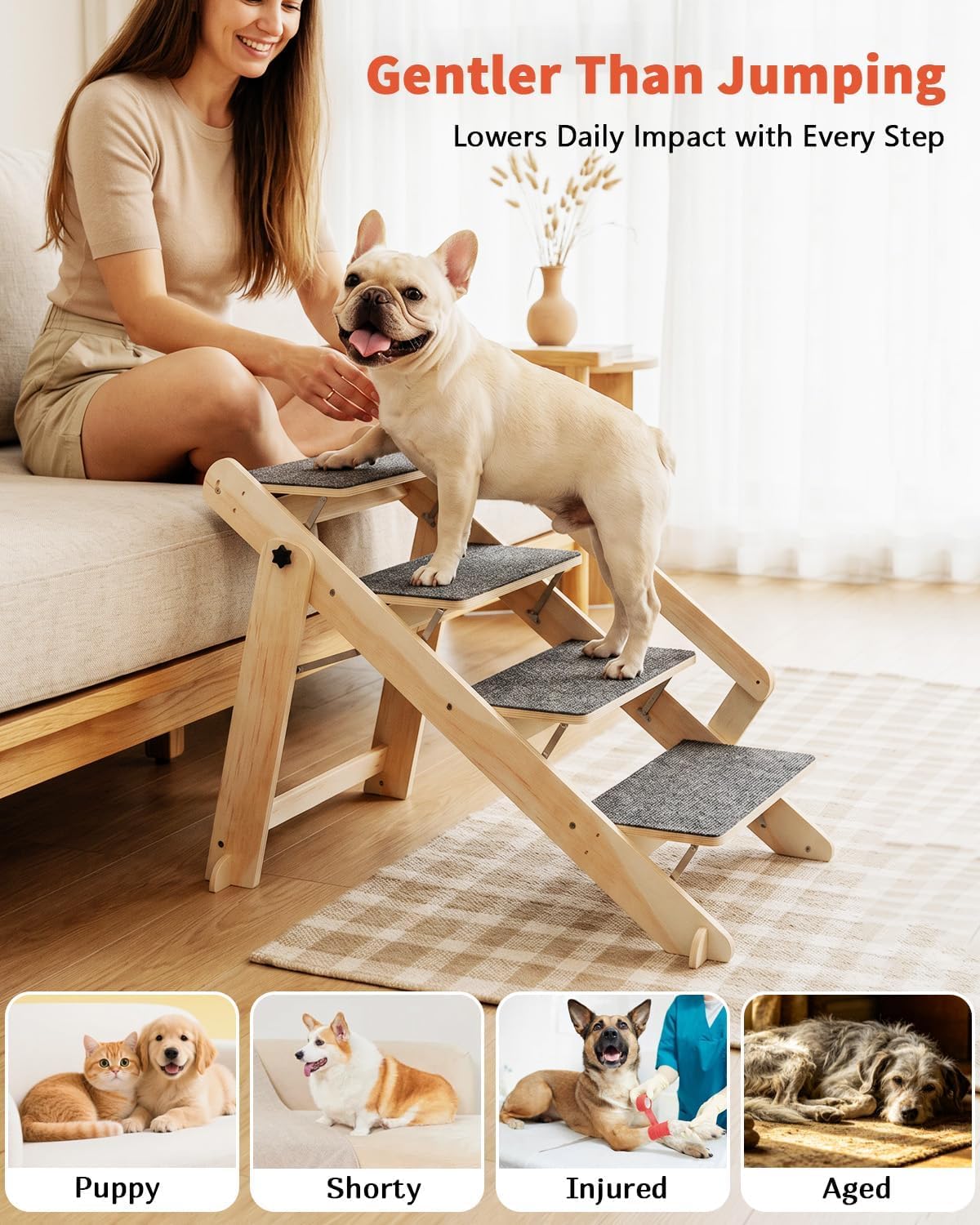 Woodure Foldable Dog Stairs, Convertible 4-Step Wooden Dog Ramp, Cat Step for High Bed Couch Car, Anti Slip Puppy Ladder