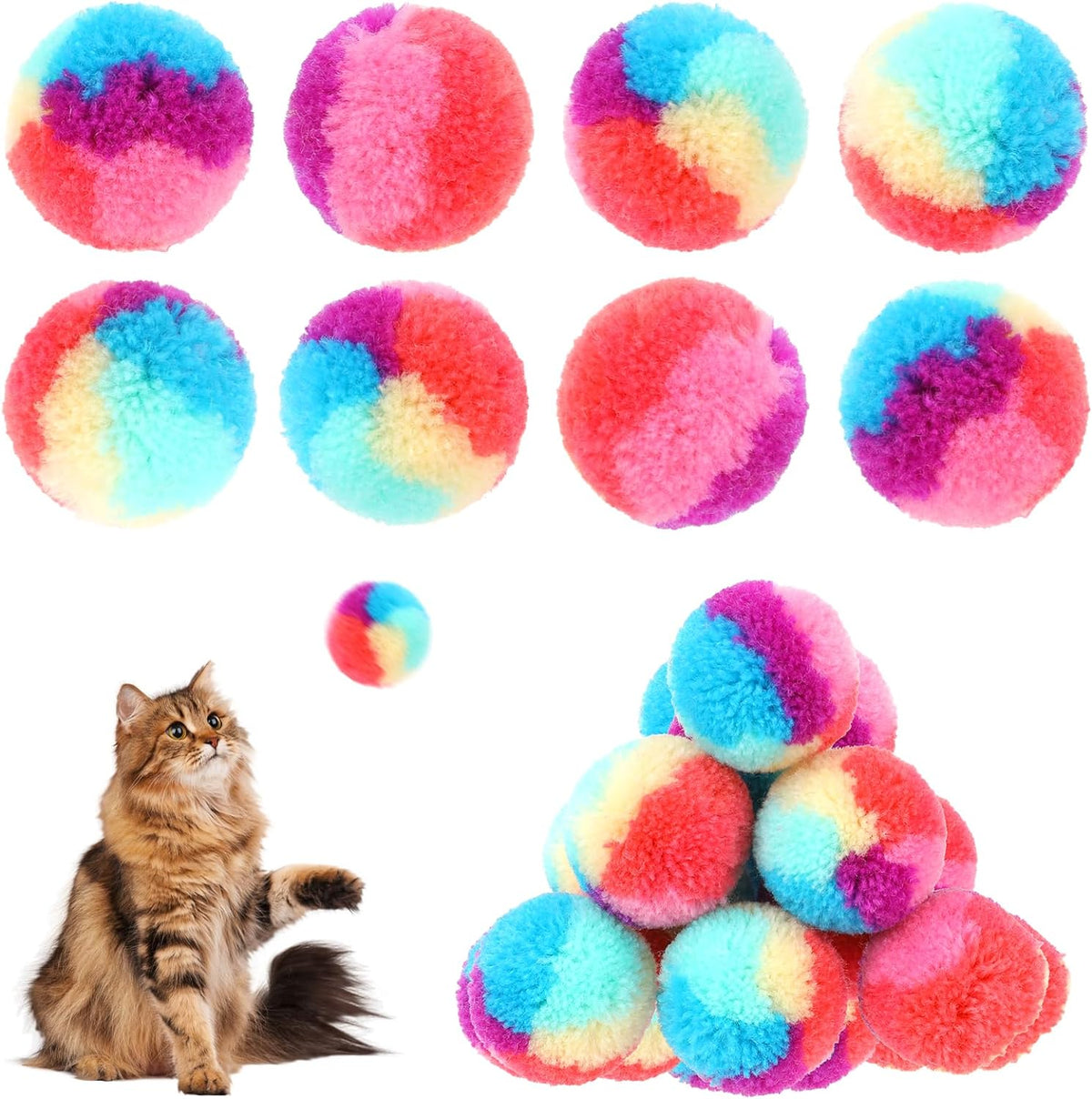 KALIONE 30 Pcs Soft Plush Cat Ball 1.2-inch Rainbow Cat Toy Balls Fuzzy Kitty Balls Kitten Puff Balls Colorful Cat Pom P