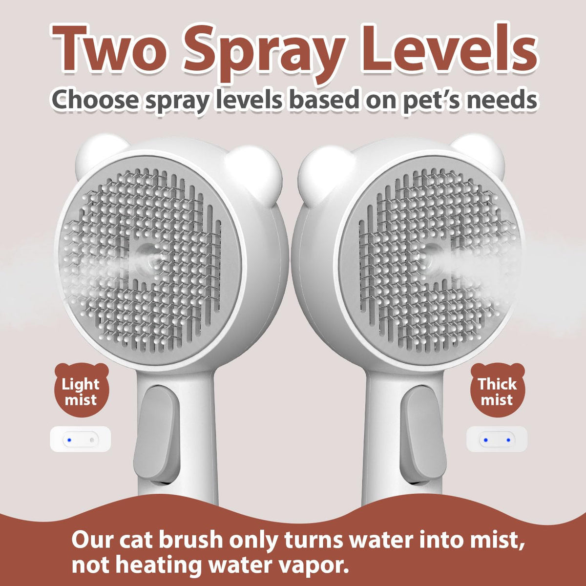 Cat Steam Brush with 2 Spray Levels & Release Button 4-in-1 Cat Water Brush